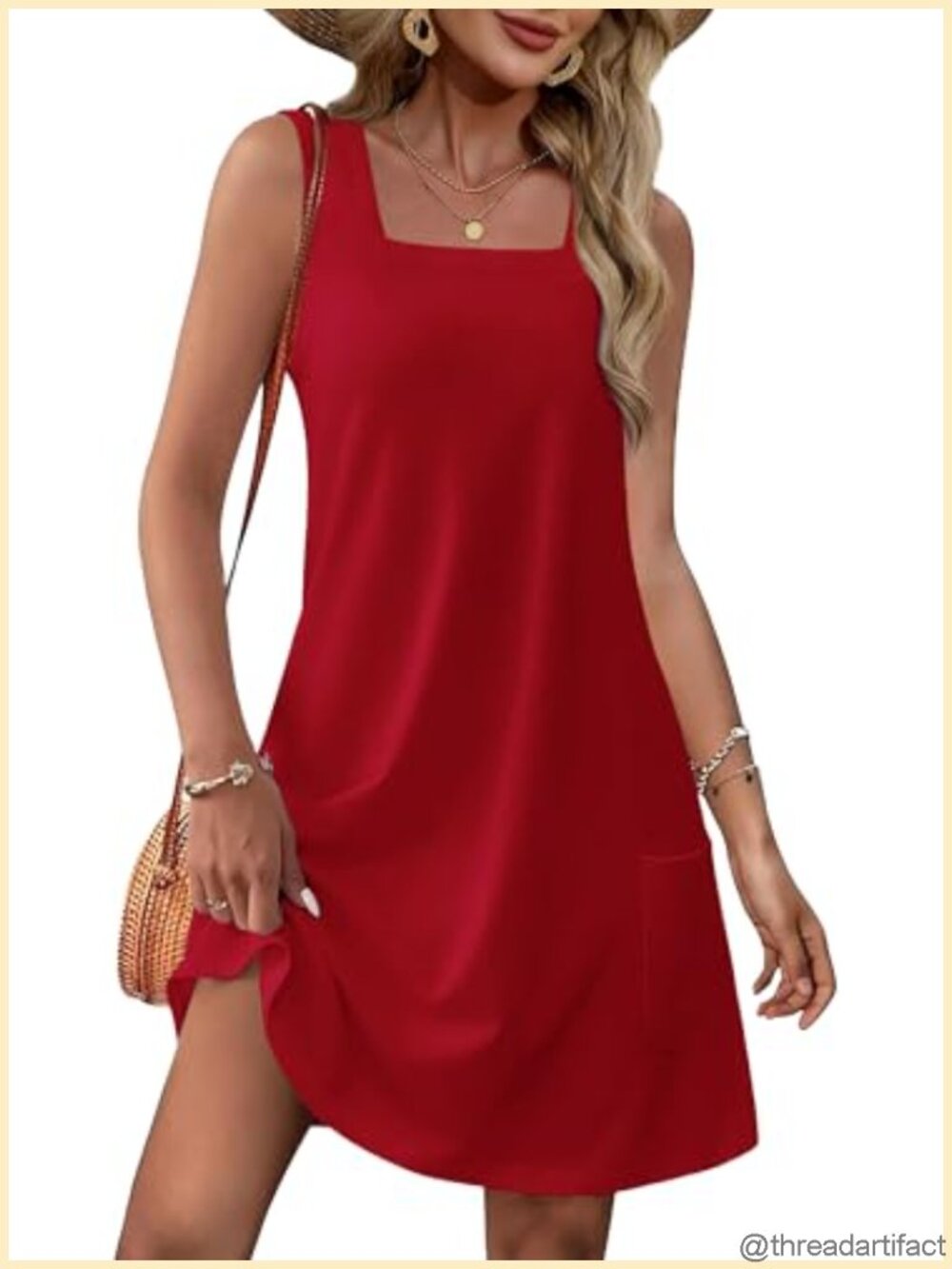 Womens Square Neck Sleeveless Tank Dress Loose Swing Sundress with Pockets